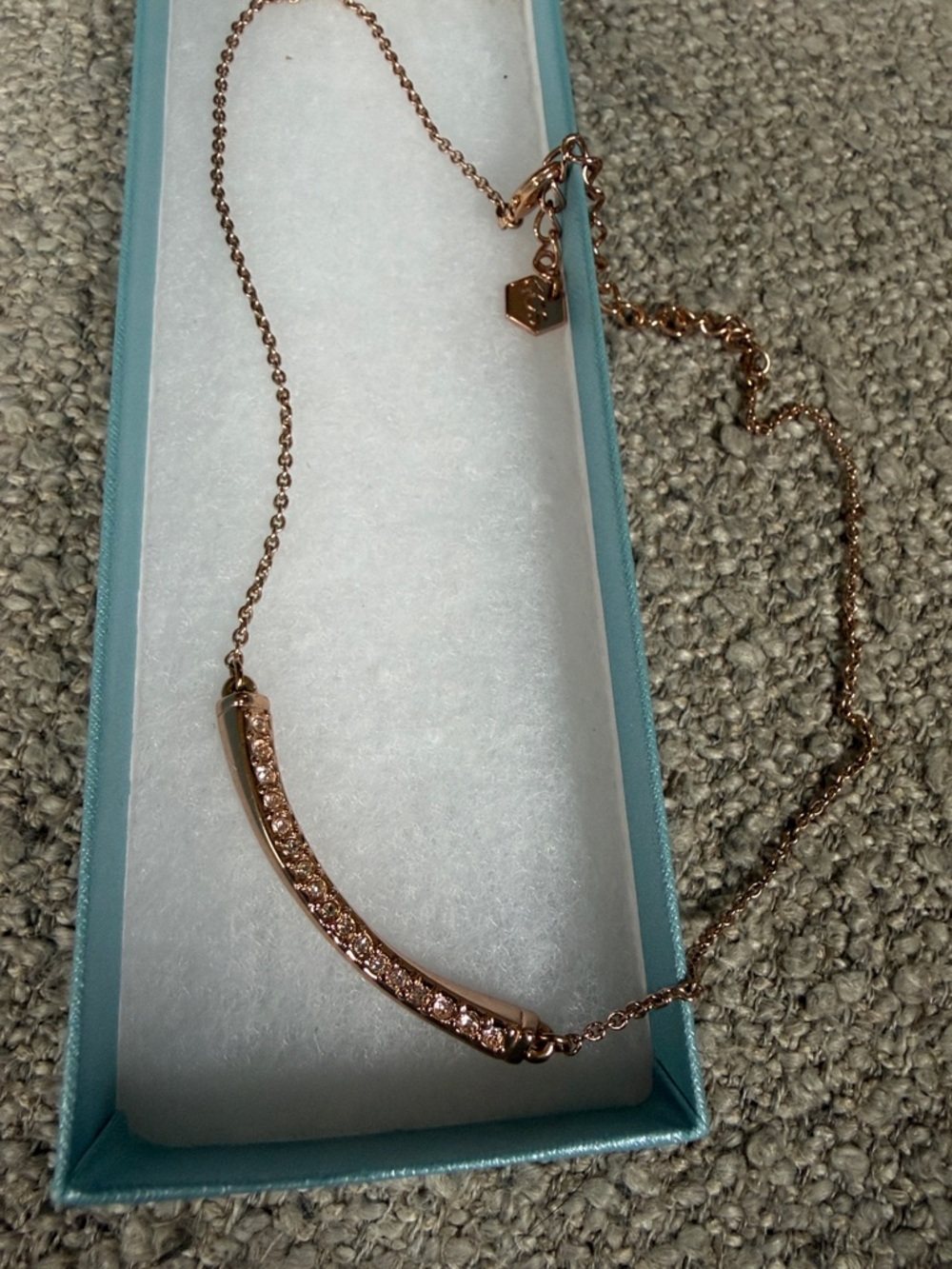 Touchstone Crystal Rose Gold Curved Bar Necklace with Pink Crystals